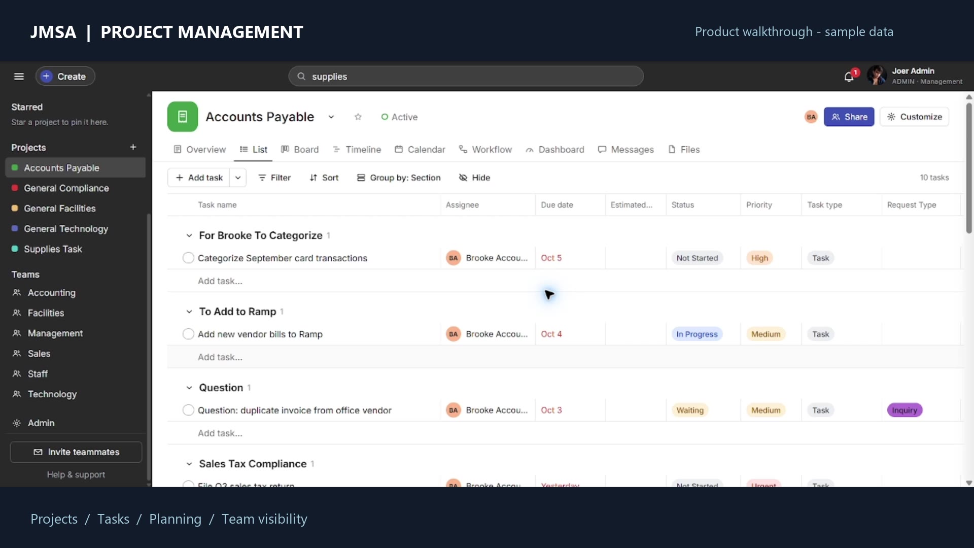 Actual JMSA Project Management List view, captured with sample data